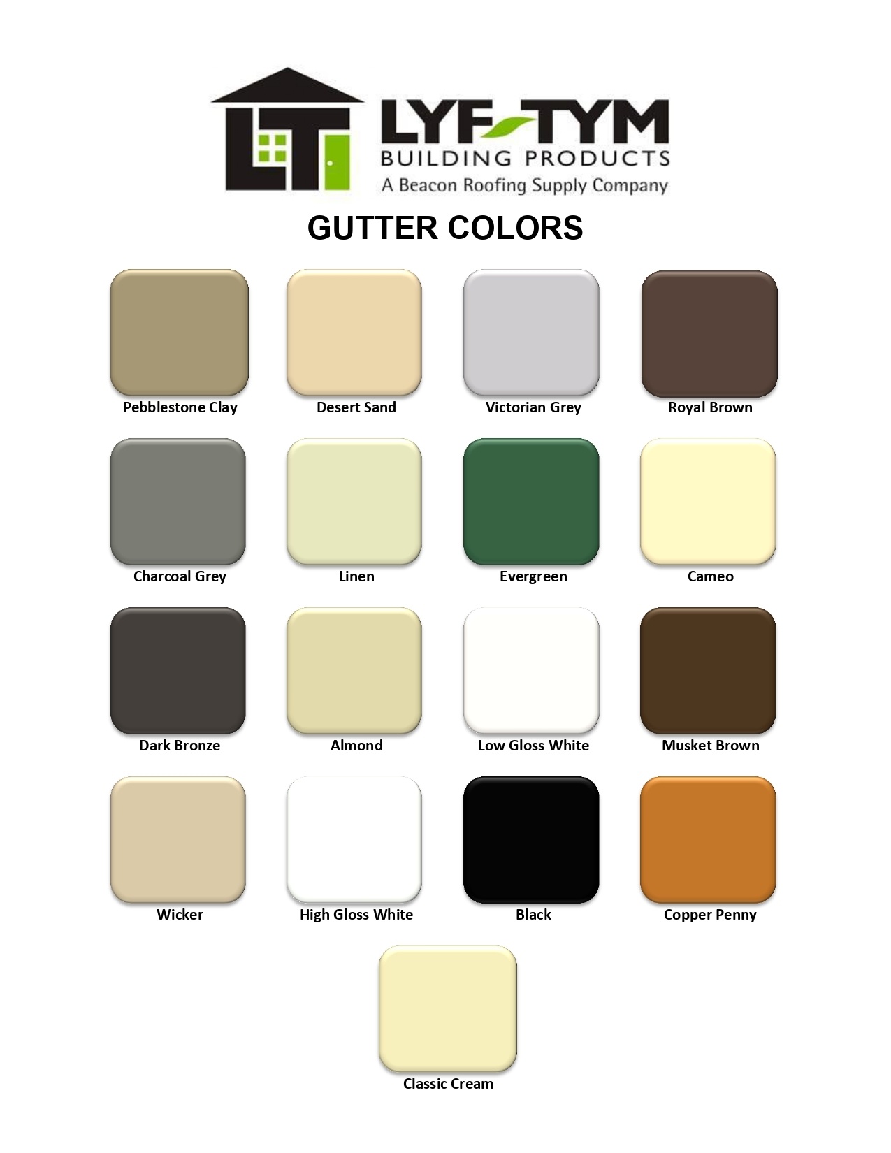 A+ Roofing Gutter Color Options Chart